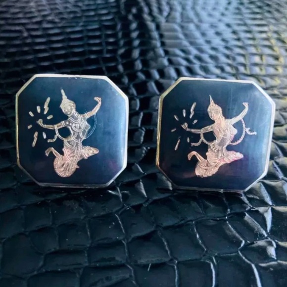 ROYAL SIAM NIELLO ENAMEL STERLING XL CUFFLINKS - Picture 1 of 4